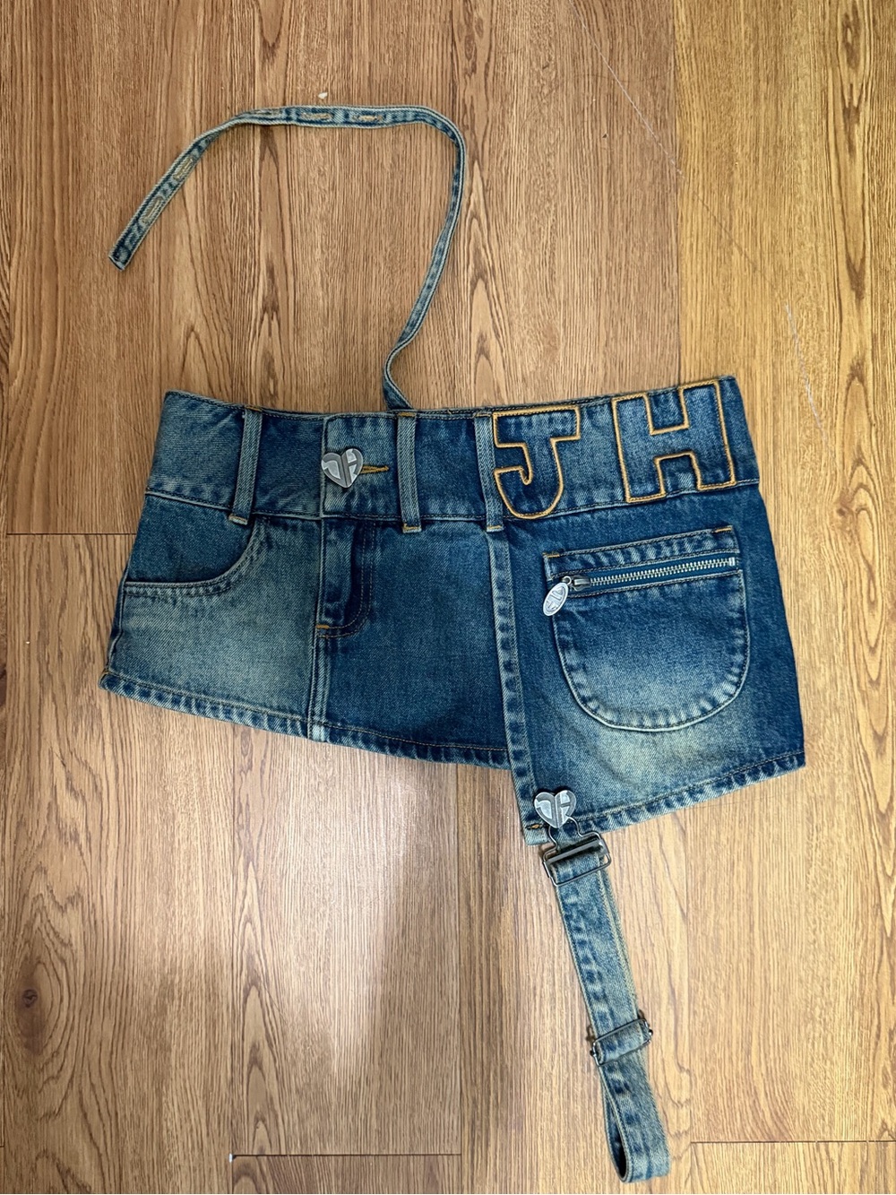 JH Jian Hong Y2K Denim Micro Mini Skirt Size 26 Suspender Strap